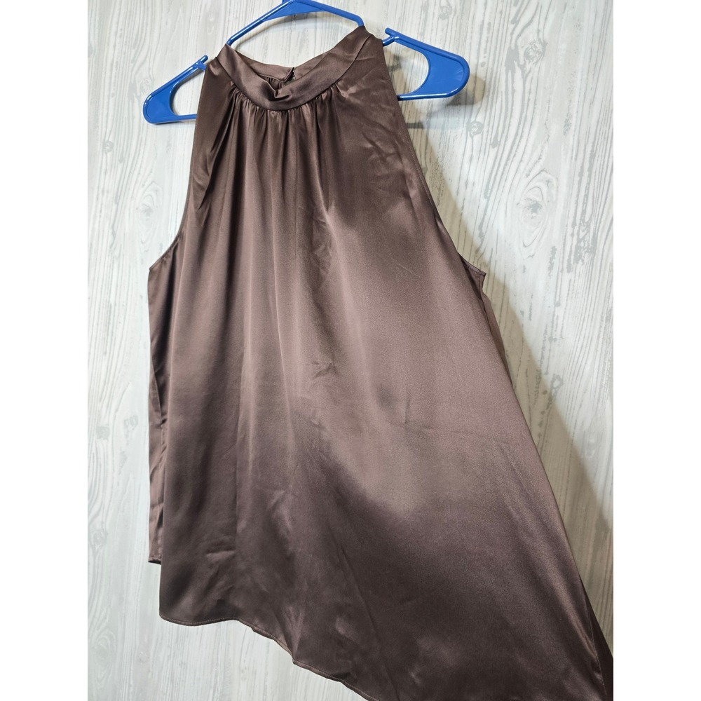 Quince Washable 100% Mulberry Silk Halter Top L Hot Fudge Brown High Neck